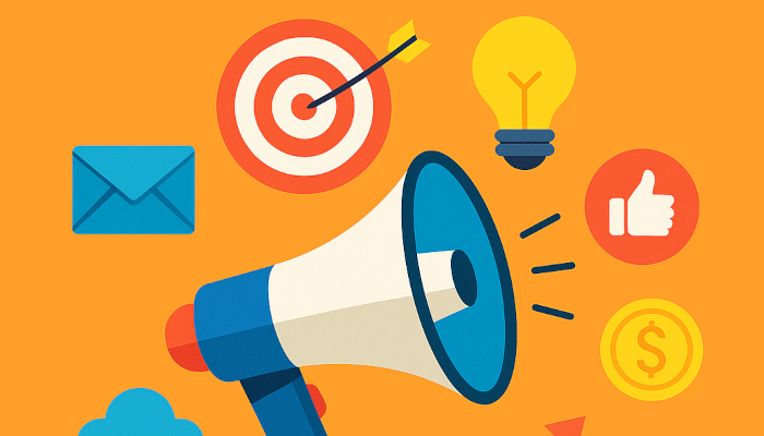 Flat design of marketing icons with megaphone and analytics on orange background