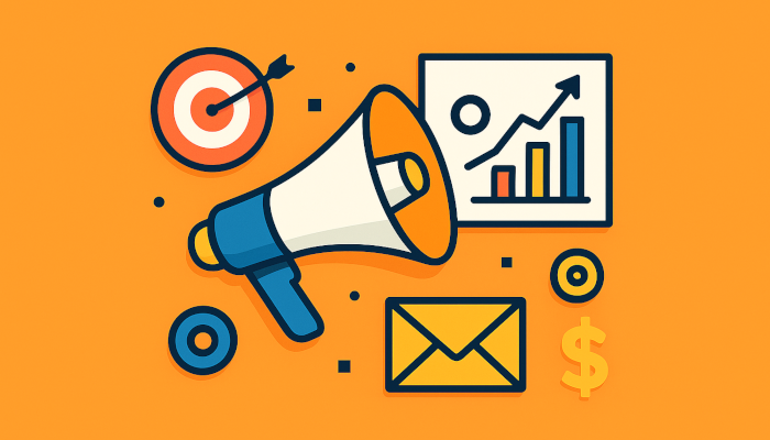 Flat design of marketing icons with megaphone and analytics on orange background