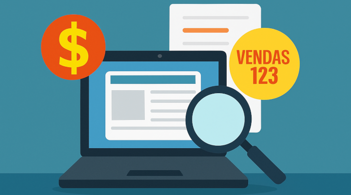 Flat-style illustration showing affiliate blog with magnifying glass, dollar sign, and branded layout
