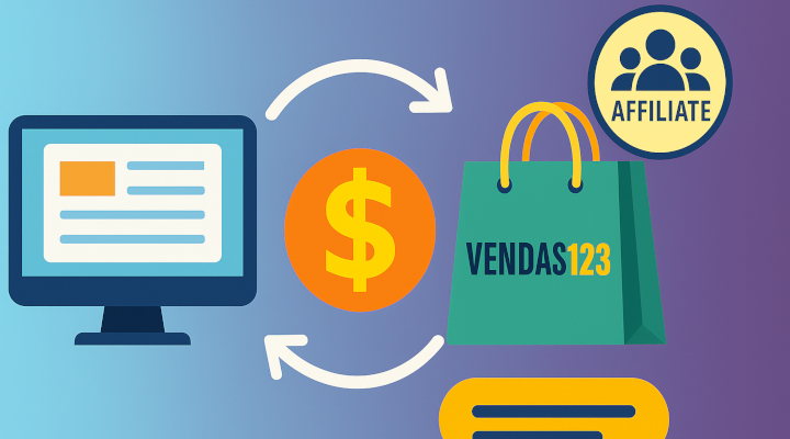 Affiliate blog and e-commerce connection concept with dollar sign and VENDAS123 branding