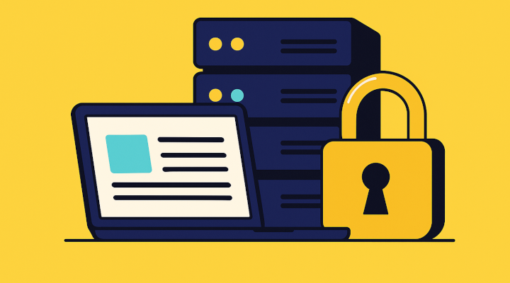 Flat illustration of website hosting with server stacks, secure access and laptop display
